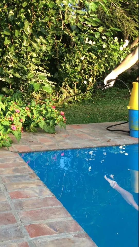 Técnico de Vámonos Pest fumigando el jardín de una casa con pileta