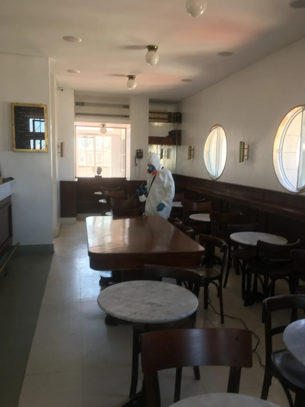 Técnico de Vámonos Pest trabajando en el salón de un restaurante